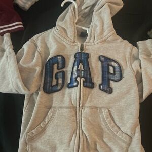 GAP Kids Light Gray Hoodie with Blue Plaid Logo